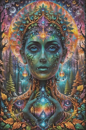 a forest of transcendence that opens up to the spirit realm surrounding breaking down physical reality into the spirit realm . human in meditation, fractals, vivid color, 
 . Spirit realm, metaphysical realm, esoteric,style , psychedelic landscape  , (masterpiece, best quality, ultra-detailed), (perfect hands, perfect anatomy), High detailed, detailed background, anatomically correct, beautiful face, detailed hands, perfect eyes, expressive eyes, score_9, score_8_up, score_7_up, best quality, masterpiece, 4k,visionary art,ULTIMATE LOGO MAKER [XL],bl4ckl1ghtxl,dd4ught3r,Halloween,visionary art style