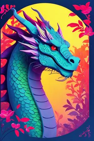 Flat art , 6 colors. Heavy line weight. Illustration scene ,Pop Art Close-up shot of aa chinese dragon  The scene is framed within a out of focus garden background that fades , . Simplistic.  Minimalistic.    Vibrant color.  no shading . No highlights . Flat art