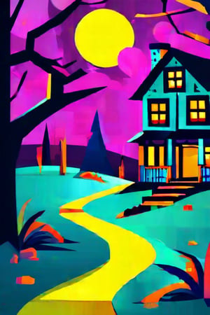 Flat art , 6 colors. Heavy line weight. Illustration scene  of a Halloween village  environment. 