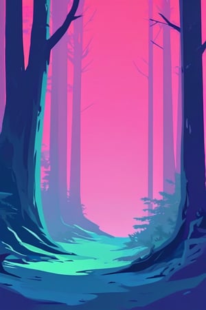 Flat art , 6 colors. Heavy line weight. Illustration scene  of a old growth forest  environment. Simplistic.  Minimalistic.    Vibrant color.  no shading . No highlights . Flat art