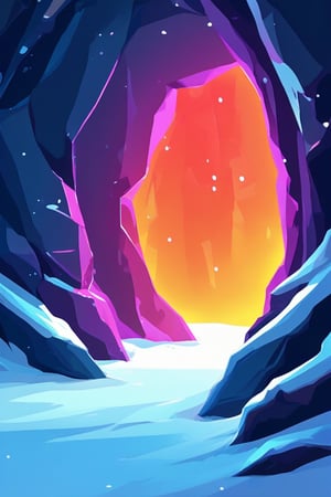 Flat art , 6 colors. Heavy line weight. Illustration scene  of a a crystal cave open up to a snow landscape with a giant portal of transcendent light beaming up into the sky, . Simplistic.  Minimalistic.   Spider webs. Vibrant color.  no shading . No highlights . Flat art