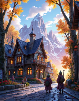  Beautiful Elven storybook cottage in a Fantasy Elven Village in autumn , mountains and waterfalls in the distance,Cobblestone road,atmospheric sun rays, gnomes elf villagers walking around,Trees, Hyperdetailed, colourful, digital Concept art, done on procreate,lightroom, Renaissance architecture, Lovely, Picturesque, Art by Eddie Mendoza, Studio Ghibli, Geometric Jean-baptiste Monge, Ivan Shishkin, Jordan Grimmer, An Jung-Hwan, yoann lossel, marc simonetti, HD, 8k