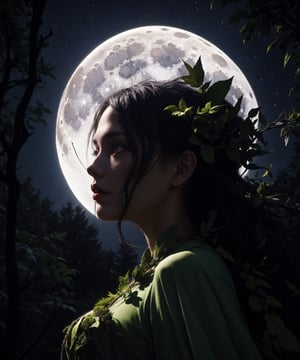 tree spirit female dryad  walking through a moonlit forest, low angle shot, looking up to the star filled sky, style of artgerm ,WLOP,sakimichan, Vitaly Morozov , android jones,Justin Totemical trending on Artstation