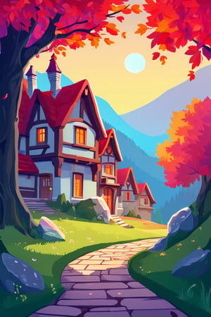 Flat art , 6 colors. Heavy line weight. Illustration scene Beautiful Elven storybook cottage in a Fantasy Elven Village in autumn , mountains and waterfalls in the distance,Cobblestone road,atmospheric sun rays,  colourful,  Renaissance architecture, Lovely, Picturesque,   environment. Simplistic.  Minimalistic.   Spider webs. Vibrant color.  no shading . No highlights . Flat art