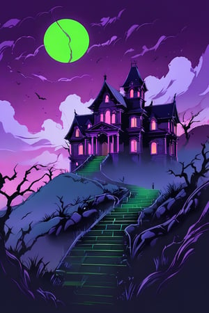 Pop Art medium shot of a halloween themed image, ,vampire manor on a hillside, green moon, clouds , from an anime-style illustration, rendered in realistic sketch style. The scene is within out of focus graveyard and night sky background that fades out of focus , adding depth and mystery.5 colors, simple image, colors, neon green, neon purple, dark blue, neon orange,dark purple,proper lighting effects