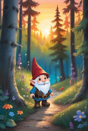 a little gnome walking  through a forest , three  quarters  view, large forest small gnome, dusk time, fire flies , sunset seen through the trees, whimsical  environment. the gnome is on the right side of the frame facing  left  walking towards the center of the  frame .