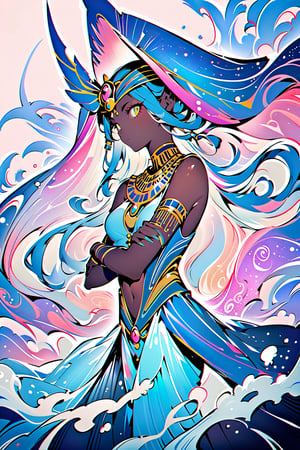 visionary art ,pen art,Dark Dramatic Ancient Elegant Egyptian Goddess, by Anna Dittmann and android jones, Vibrant, In Watercolour,pen art, visionary art, symmetrical ,visionary art,Flat art , 6 colors. Heavy line weight. Illustration scene Dark Dramatic Ancient Elegant Egyptian Rain Goddes Simplistic. Minimalistic. Vibrant color. no shading . No highlights . Flat art