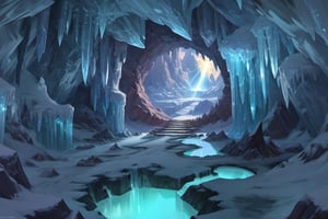 a crystal cave open up to a snow landscape with a giant portal of transcendent light  beaming up into the sky, 