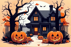 Flat art , 6 colors. Heavy line weight. Illustration scene  of a Halloween village  environment. Simplistic.  Minimalistic.  Cute image. Sfw, pumpkins. Spider webs. Halloween  color palette. 