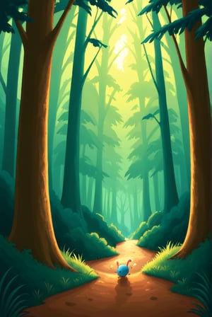 a little gnome walking  through a forest of the beaten path in a dense lush magical forest, three  quarters  view, large forest compared to the small gnome, dusk time, fire flies , sunset seen through the trees, whimsical  environment. the gnome is on the right side of the frame facing  left   towards  the center of the image and is walking towards the center of the  frame .