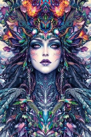 visionary art ,pen art,Dark Dramatic Ancient Elegant dark Goddess of the night and halloween, woman seen from the waist up, by Anna Dittmann and android jones,perfectly symmetrical image,Vibrant, In Watercolour,pen art, visionary art, symmetrical, beautiful detailed eyes (masterpiece, best quality, ultra-detailed), (perfect anatomy), High detailed, detailed background, anatomically correct, beautiful face, detailed hands, perfect eyes, expressive eyes, score_9, score_8_up, score_7_up, best quality, masterpiece, 4k,ULTIMATE LOGO MAKER [XL],DonMB4nsh33XL ,vivid colors,neon highlights