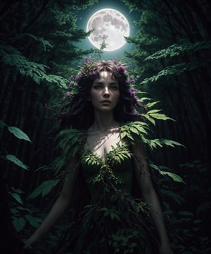 tree spirit female dryad  walking through a moonlit forest, low angle shot, looking up to the star filled  sky, style of artgerm ,WLOP,, Vitaly Morozov , android jones,Justin Totemical trending on Artstation