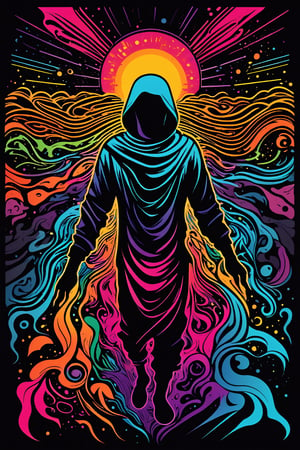 character silhouette,  Vector t shirt art ready to print colorful graffiti illustration ,  visionary art ,pen art, vector art, (symmetrical), spirit guide among a matrix of energy and light,, divine being in the comsic astral matrix of another reality,, digitized vector, minimalist design,, simplistic,  minimalistic, black ink, calligraphic lines,vector art illustration,professional vector, full design,(( 6 colors only )), solid, no shadows, full design, warm colors, pendleton isometric patterns, sticker, bright colors, vector art illustration,,Flat vector art,pencil sketch