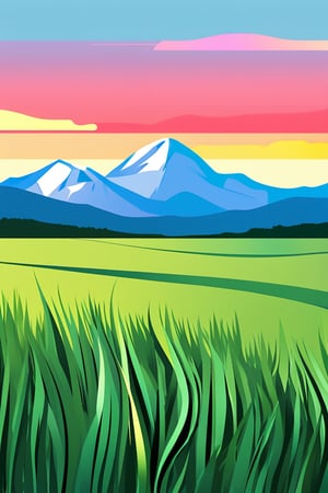 Flat art , 6 colors. Heavy line weight. Illustration scene  of a grassland with mountains in the distance environment. Simplistic.  Minimalistic.  Vibrant color.  no shading . No highlights . Flat art