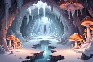 a crystal cave open up to a snow landscape with a giant portal of transcendent light  beaming up into the sky, the cave is full of glowing magic mushrooms, stalagmites and stalactites 