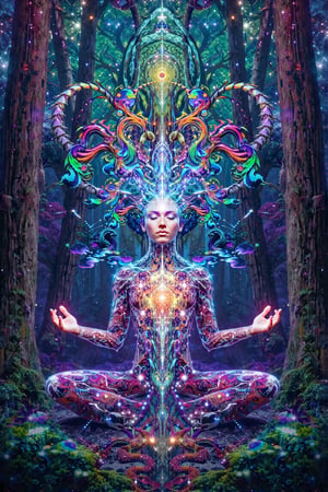 this person sits in a forest and transcends their ego mind and opens up to the spirit realm surrounding them. human in meditation, fractals, vivid color, "Visionary art is art that purports to transcend the physical world and portray a wider vision of awareness including spiritual or mystical themes, or is based in such experiences." , psychedelic visionary art ,animal spirits, ,spirits,spirit guides, , . Shamanic visions , ayahuasca visions . Spirit realm, metaphysical realm, esoteric,style, full body human,medium shot, perfect anatomy , psychedelic landscape surrounding the person , (masterpiece, best quality, ultra-detailed), (perfect hands, perfect anatomy), High detailed, detailed background, anatomically correct, beautiful face, detailed hands, perfect eyes, expressive eyes, score_9, score_8_up, score_7_up, best quality, masterpiece, 4k,visionary art,ULTIMATE LOGO MAKER [XL],bl4ckl1ghtxl