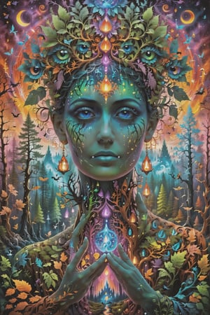 a forest of transcendence that opens up to the spirit realm surrounding breaking down physical reality into the spirit realm . human in meditation, fractals, vivid color, 
 . Spirit realm, metaphysical realm, esoteric,style , psychedelic landscape  , (masterpiece, best quality, ultra-detailed), (perfect hands, perfect anatomy), High detailed, detailed background, anatomically correct, beautiful face, detailed hands, perfect eyes, expressive eyes, score_9, score_8_up, score_7_up, best quality, masterpiece, 4k,visionary art,ULTIMATE LOGO MAKER [XL],bl4ckl1ghtxl,dd4ught3r,Halloween