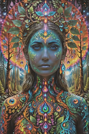 a forest of transcendence that opens up to the spirit realm surrounding breaking down physical reality into the spirit realm . human in meditation, fractals, vivid color, 
"Visionary art is art that purports to transcend the physical world and portray a wider vision of awareness including spiritual or mystical themes, or is based in such experiences." , psychedelic visionary art ,animal spirits, ,spirits,spirit guides, , . Shamanic visions , ayahuasca visions . Spirit realm, metaphysical realm, esoteric,style, ,medium shot, perfect anatomy , psychedelic landscape surrounding the person , (masterpiece, best quality, ultra-detailed), (perfect hands, perfect anatomy), High detailed, detailed background, anatomically correct, beautiful face, detailed hands, perfect eyes, expressive eyes, score_9, score_8_up, score_7_up, best quality, masterpiece, 4k,visionary art,ULTIMATE LOGO MAKER [XL],bl4ckl1ghtxl
