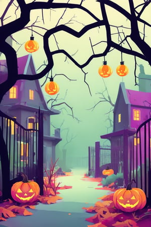 Flat art , 6 colors. Heavy line weight. Illustration scene  of a Halloween themed  environment. Simplistic.  Minimalistic.  Cute image. Sfw, pumpkins. Spider webs. Halloween  color palette. Vibrant color. (Spider webs between some of the trees )