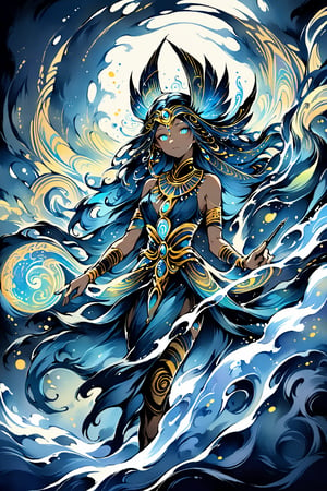 visionary art ,pen art,Dark Dramatic Ancient Elegant Egyptian Rain Goddess by Anna Dittmann and android jones, Vibrant, In Watercolour,pen art, visionary art,Flat art , 6 colors. Heavy line weight. Illustration scene Dark Dramatic Ancient Elegant Egyptian Rain Goddes Simplistic. Minimalistic. Vibrant color. no shading . No highlights . Flat art