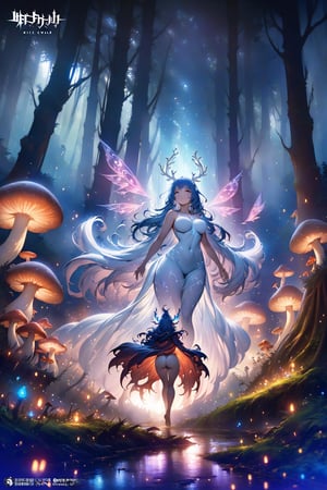 a beautiful curvaceous witch with a nice bottom walks through a dense fantasy forest that is filled with mushrooms and fairy's comes across a clearing with a glowing white stag in the clearing there is rays of light shining down onto the white stag which looking at the witch,digital concept art hd,rich tones,hdr,by brian froud