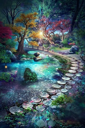 A serene Japanese Zen garden in autumn, with a traditional wooden bridge arching over a koi pond, surrounded by meticulously raked gravel and vibrant red, orange, and yellow maple trees. The garden is framed by a low stone lantern and a moss-covered stone path leading to a small, peaceful teahouse. The scene is bathed in soft, golden late afternoon light, casting long shadows and highlighting the autumn foliage. The composition is balanced, with the bridge and pond in the foreground, and the teahouse and trees in the background, creating a sense of tranquility and harmony.,environment overlayed with ripples of fractal energy (masterpiece, best quality, ultra-detailed),visionary art ,fractals,light energy,psychedelic,trippy, LSD visuals  