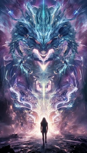 a massive dragon made of light and comsic energy guards the gates to another realm a wanderer stand before the dragon seeking passage , the spirit realm overlays the pysical realtiy surrounding the wanderer , . , fractals, vivid color, "Visionary art style , psychedelic visionary art ,animal spirits, ,spirits,spirit guides,. Shamanic visions ,(the dragons body is not pysical it is transparent light energy ) . Spirit realm, metaphysical realm, esoteric,style, full body human,medium shot, perfect anatomy , psychedelic landscape surrounding the person , (masterpiece, best quality, ultra-detailed), (perfect hands, perfect anatomy), High detailed, detailed background, anatomically correct, beautiful face, detailed hands, perfect eyes, expressive eyes, score_9, score_8_up, score_7_up, best quality, masterpiece, 4k,visionary art,ULTIMATE LOGO MAKER [XL],bl4ckl1ghtxl,visionary art style, oriental dragon,1dragon,Dragonyear , by Jonathan Solter and Fabian Jimenez,ElohProjects, simon haiduk