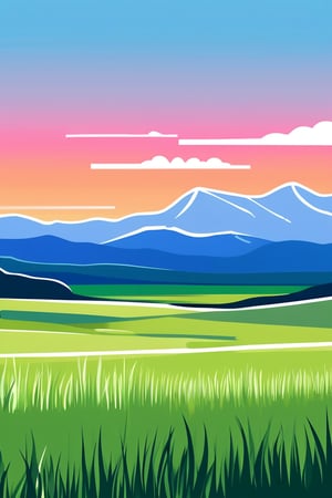 Flat art , 6 colors. Heavy line weight. Illustration scene  of a grassland with mountains in the distance environment. Simplistic.  Minimalistic.  Vibrant color.  no shading . No highlights . Flat art