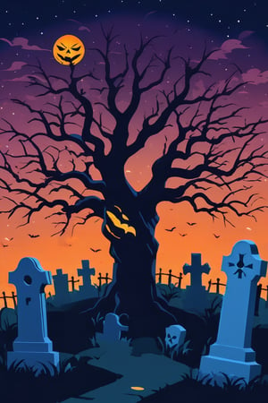 Pop Art medium shot of a halloween themed image, spooky tree in a graveyard,  from an anime-style illustration,tree  with a spooky face similar to a jac o lanterns face , rendered in realistic sketch style. The scene is within out of focus graveyard and night sky background that fades out of focus , adding depth and mystery.5 colors, simple image, 