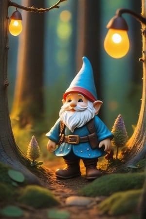 a little gnome walking  through a forest , three  quarters  view, large forest small gnome, dusk time, fire flies , sunset seen through the trees, whimsical  environment. 