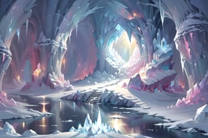 a crystal cave open up to a snow landscape with a giant portal of transcendent light  beaming up into the sky, 