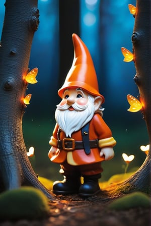 a little gnome walking  through a forest , three  quarters  view, large forest small gnome, dusk time, fire flies , sunset seen through the trees, whimsical  environment. 