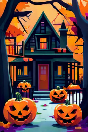 Flat art , 6 colors. Heavy line weight. Illustration scene  of a Halloween village  environment. Simplistic.  Minimalistic.  Cute image. Sfw, pumpkins. Spider webs. Halloween  color palette. 