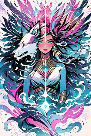 visionary art ,pen ink art medium ,Dark Dramatic Ancient Elegant Egyptian Goddess and a wolf spirit, by Anna Dittmann and android jones, Vibrant, done with Watercolour and pen ink, visionary art, symmetrical ,visionary art,Flat art , 6 colors. Heavy line weight. Illustration scene Dark Dramatic Ancient Elegant Egyptian Rain Goddes and her wolf and dragon water spirits, Simplistic. Minimalistic. Vibrant color. no shading . No highlights . Flat art