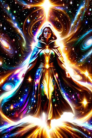 a female space shaman shrouded in cloak of light and stars,galaxy,space,portals,light being,stars,enchanted,fantasy,visionary art