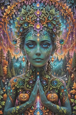 a forest of transcendence that opens up to the spirit realm surrounding breaking down physical reality into the spirit realm . human in meditation, fractals, vivid color, 
 . Spirit realm, metaphysical realm, esoteric,style , psychedelic landscape  , (masterpiece, best quality, ultra-detailed), (perfect hands, perfect anatomy), High detailed, detailed background, anatomically correct, beautiful face, detailed hands, perfect eyes, expressive eyes, score_9, score_8_up, score_7_up, best quality, masterpiece, 4k,visionary art,ULTIMATE LOGO MAKER [XL],bl4ckl1ghtxl,dd4ught3r,Halloween