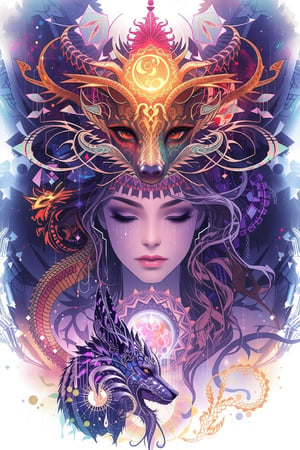 visionary art ,pen ink art medium ,Dark Dramatic Ancient Elegant Egyptian Goddess and a wolf spirit, by Anna Dittmann and android jones, Vibrant, done with Watercolour and pen ink, visionary art, symmetrical ,visionary art,Flat art , 6 colors. Heavy line weight. Illustration scene Dark Dramatic Ancient Elegant Egyptian Rain Goddes and her wolf and dragon water spirits, Simplistic. Minimalistic. Vibrant color. no shading . No highlights . Flat art