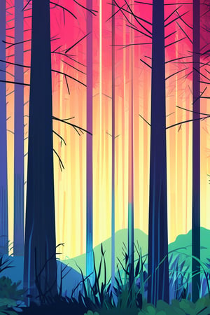 Flat art , 6 colors. Heavy line weight. Illustration scene of a old growth forest environment. Simplistic. Minimalistic. Spider webs. Vibrant color. no shading . No highlights . Flat art