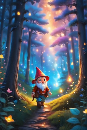 a little gnome walking  through a forest , three  quarters  view, large forest small gnome, dusk time, fire flies , sunset seen through the trees, whimsical  environment. 