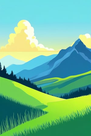 Flat art , 6 colors. Heavy line weight. Illustration scene  of a grassland with mountains in the distance environment. Simplistic.  Minimalistic.   . Vibrant color.  no shading . No highlights . Flat art