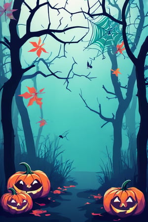 Flat art , 6 colors. Heavy line weight. Illustration scene  of a Halloween themed  environment. Simplistic.  Minimalistic.  Cute image. Sfw, pumpkins. Spider webs. Halloween  color palette. Vibrant color. ( big white Spider web between some of the trees ) no shading . No highlights . Flat art