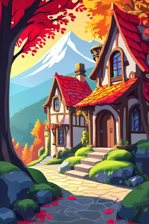 Flat art , 6 colors. Heavy line weight. Illustration scene Beautiful Elven storybook cottage in a Fantasy Elven Village in autumn , mountains and waterfalls in the distance,Cobblestone road,atmospheric sun rays,  colourful,  Renaissance architecture, Lovely, Picturesque,   environment. Simplistic.  Minimalistic.   Spider webs. Vibrant color.  no shading . No highlights . Flat art