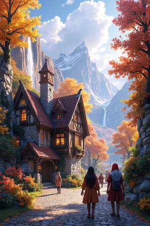  Beautiful Elven storybook cottage in a Fantasy Elven Village in autumn , mountains and waterfalls in the distance,Cobblestone road,atmospheric sun rays, gnomes elf villagers walking around,Trees, Hyperdetailed, colourful, digital Concept art, done on procreate,lightroom, Renaissance architecture, Lovely, Picturesque, Art by Eddie Mendoza, Studio Ghibli, Geometric Jean-baptiste Monge, Ivan Shishkin, Jordan Grimmer, An Jung-Hwan, yoann lossel, marc simonetti, HD, 8k