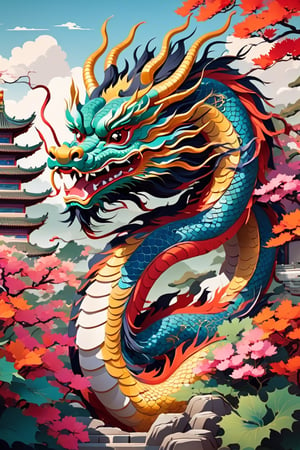 Flat art , 6 colors. Heavy line weight. Illustration, Picturesque, environment. Simplistic. Minimalistic.Vibrant color. no shading . No highlights . Flat art,(illustration),Pop Art Close-up shot of aa chinese dragon,from an anime-style illustration,  The scene is framed within a out of focus garden background that fades , 