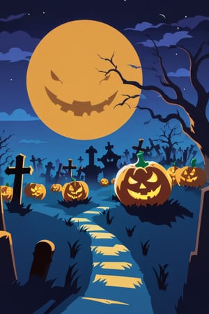 Pop Art medium shot of a halloween themed image,  ,pumpkin,  from an anime-style illustration, rendered in realistic sketch style. The scene is within out of focus graveyard and night sky background that fades out of focus , adding depth and mystery.5 colors, simple image, 