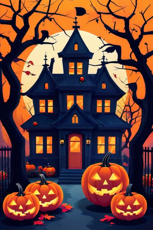 Flat art , 4 colors. Heavy line weight. Illustration scene  of a Halloween village  environment. Simplistic.  Minimalistic.  Cute image. Sfw, pumpkins. Spider webs. Halloween  color palette. Vibrant color. Vector art illustration 