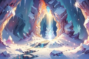 a crystal cave open up to a snow landscape with a giant portal of transcendent light  beaming up into the sky, 