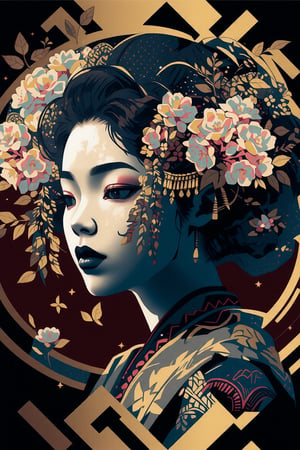 Pop Art  Pop Art  beautiful female geisha with floar Halftone geometric patterns]+ [ Sakura trees and leaves on the sides], dynamic, golden ratio, epic composition, visionary art, dmt, by Android Jones and Justin Totemical.  , proper anatomy, good hands, good feet,, black and white Coloring Pages , no shading, , Printable fantasy coloring book for adults ,  simple line art , vector lines, , , illustration, , A beautifully designed image, ink pen illustration in the style, . Crisp lines,  realistic, a page for a , high quality, better hands, better feet, extremely high-resolution details, photographic, , fine texture, incredibly lifelike perfect shadows, atmospheric lighting, volumetric lighting, sharp focus, focus on eyes, masterpiece,, simple image,  uv colors ,eon highlights,