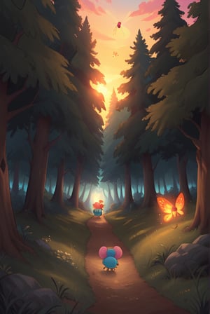 a little gnome walking  through a forest , three  quarters  view, large forest small gnome, dusk time, fire flies , sunset seen through the trees, whimsical  environment. the gnome is on the right side of the frame facing  left  walking towards the center of the  frame .