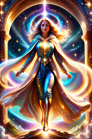 a female  angel shrouded in cloak of light and stars descends down to earth ,portals of light ,light being,stars,enchanted,fantasy,visionary art,dynamic beautiful environment , 